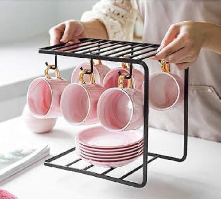6 Hook Black Metal Coffee Cup Rack Stand