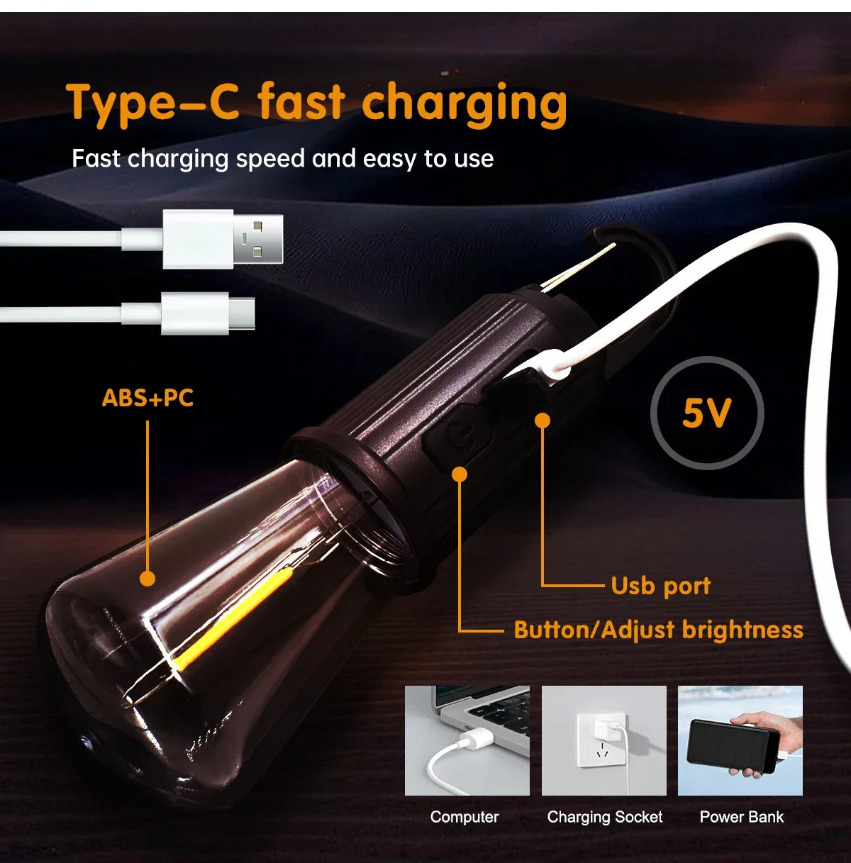 LED Camping Light Type-C USB Rechargeable Waterproof 400mAh 100LM Tent Light