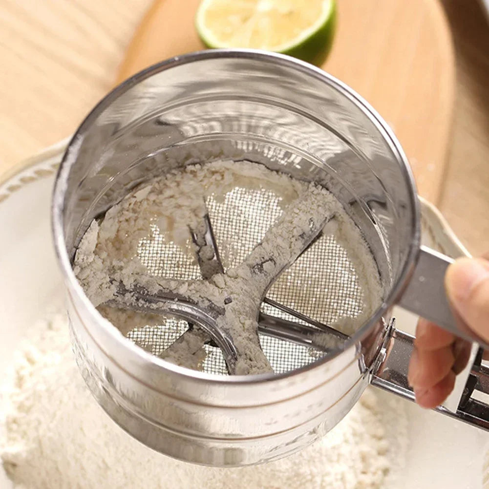 Stainless Steel Flour Sifter For Baking Powder Sugar Shaker With Hand Press Design