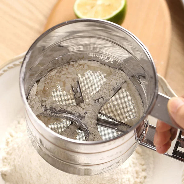 Stainless Steel Flour Sifter For Baking Powder Sugar Shaker With Hand Press Design