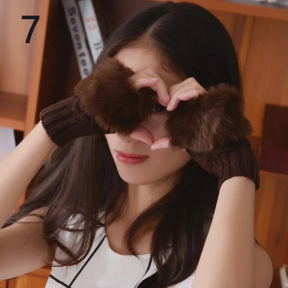 Winter Faux Rabbit Fur Warm Knitted Half Finger Gloves