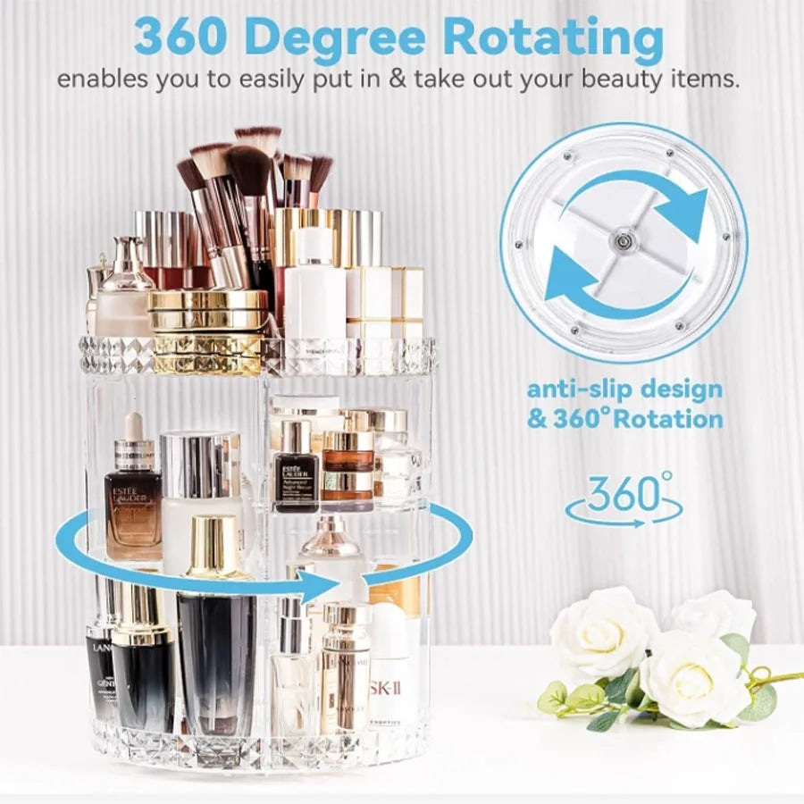 Cosmetic Organiser, 360 degree rotatable adjustable cosmetic storage display case