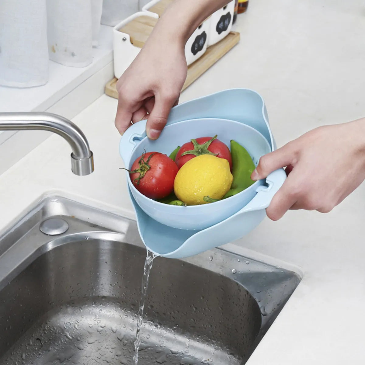 1Pcs Eco-Friendly Wheat Straw Double-Layer Colander Drain Basket