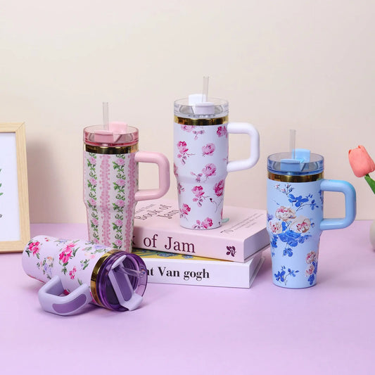 Stainless Steel Insulated Travel Tumbler with Handle Straw Lid & Cold Retention