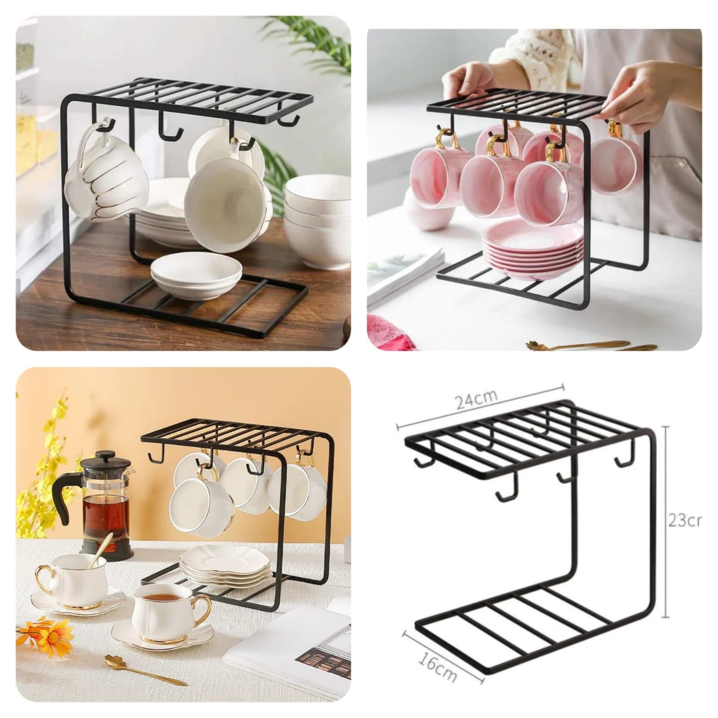 6 Hook Black Metal Coffee Cup Rack Stand