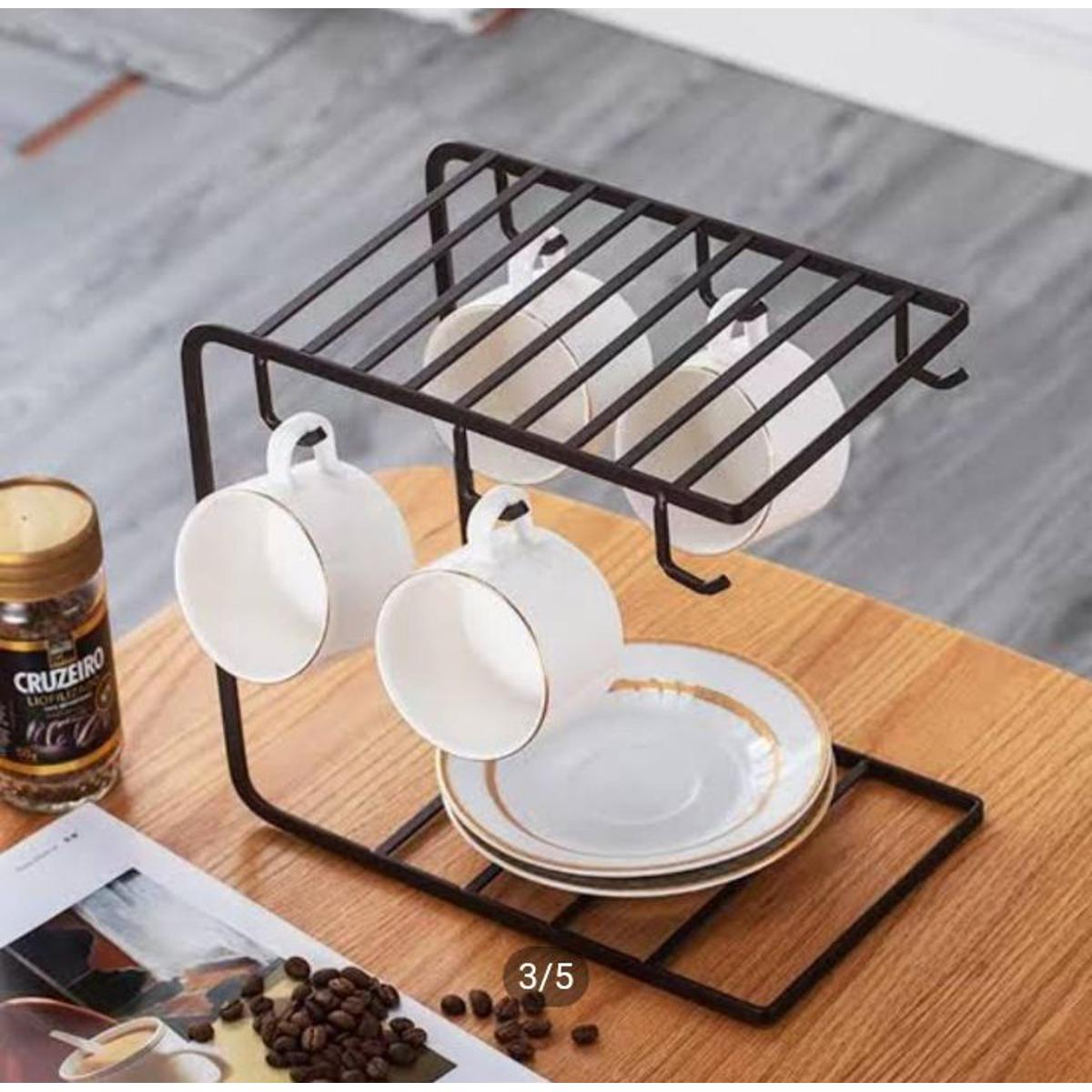 6 Hook Black Metal Coffee Cup Rack Stand