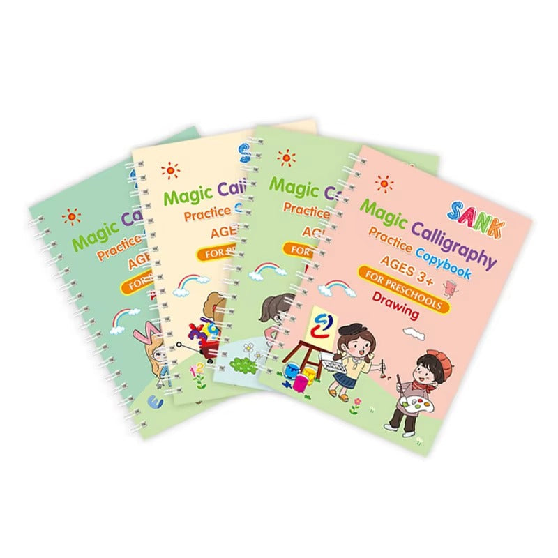 4 Books Magic Writing Practice Set with Pen – Reusable Calligraphy Notebook for Kids